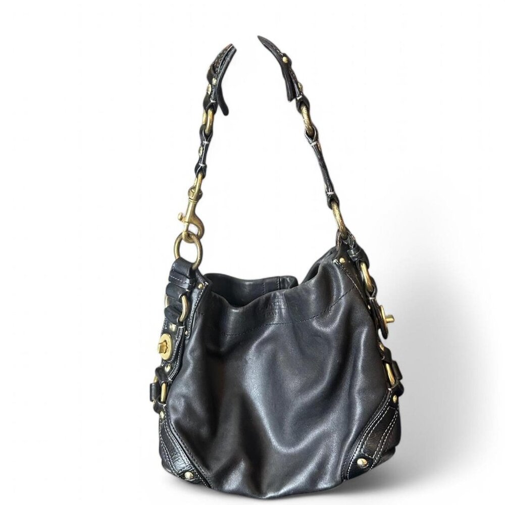 Vintage Black Coach Leather Hobo Shoulder Bag With Gold hardware